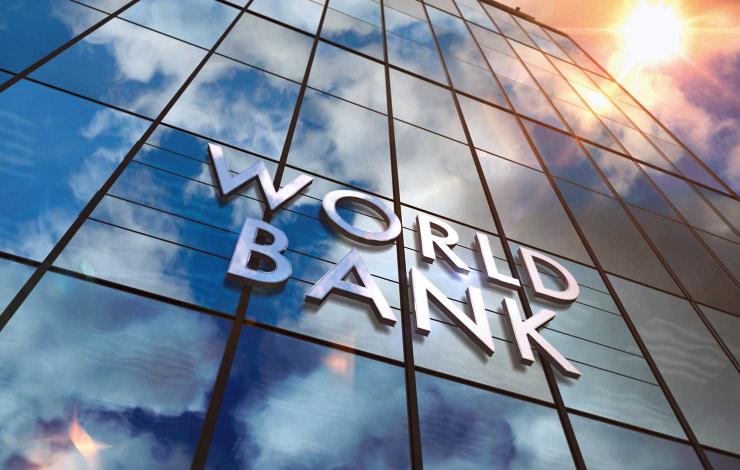 The words "World Bank" on a glass building