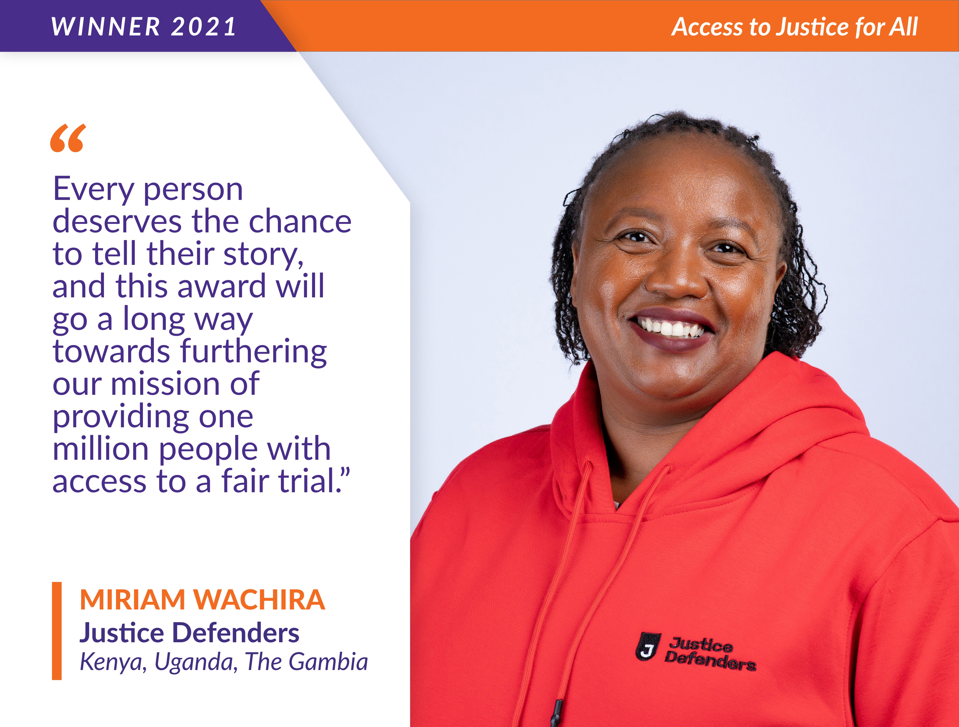 Miriam Wachira from Justice Defenders shares a testimonial about the World Justice Challenge
