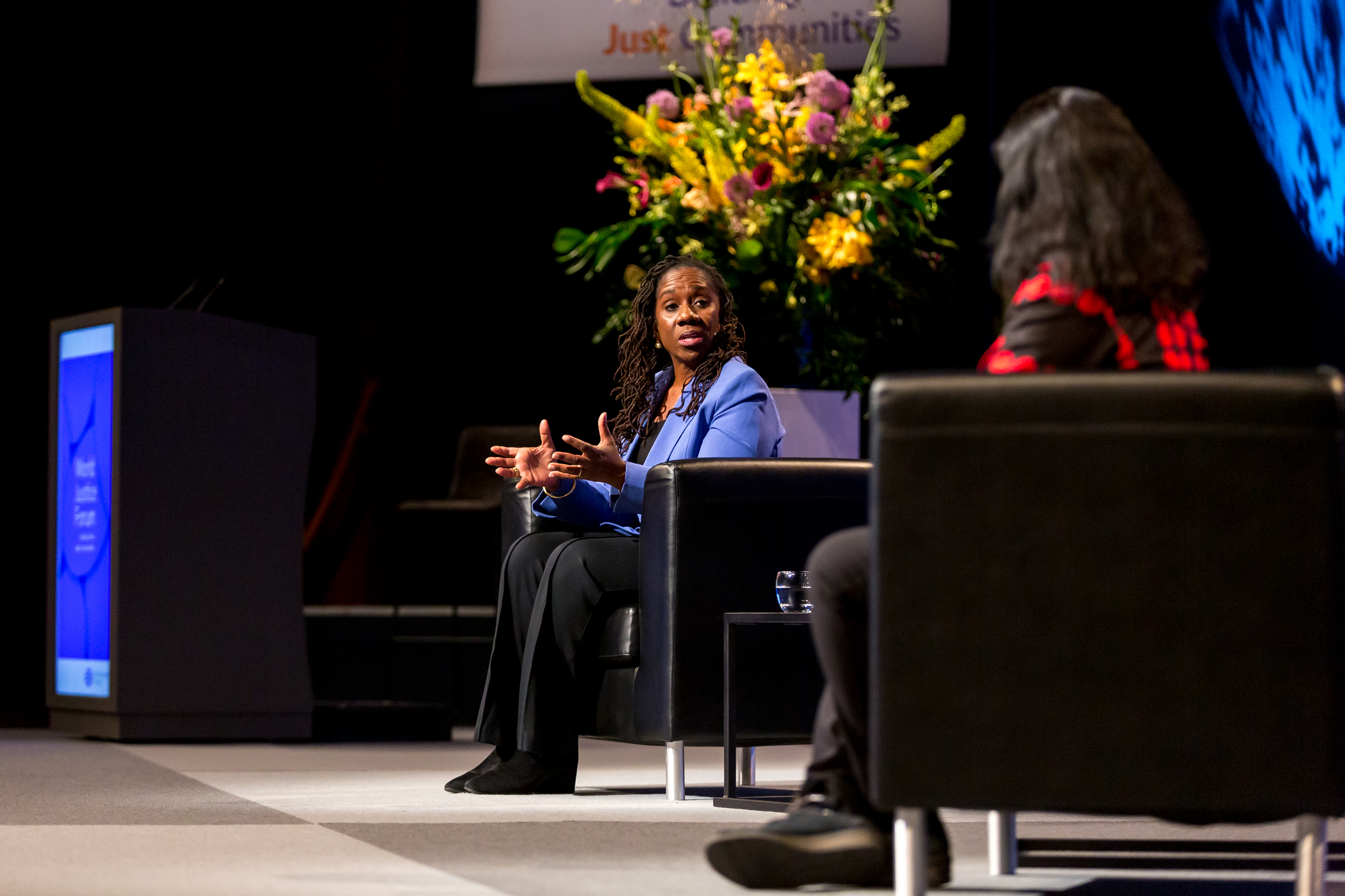 Sherrilyn Ifill, president and director-counsel emeritus of the NAACP Legal Defense Fund, speaks during the inaugural RBG Legacy Keynote conversation at the World Justice Forum 2022.