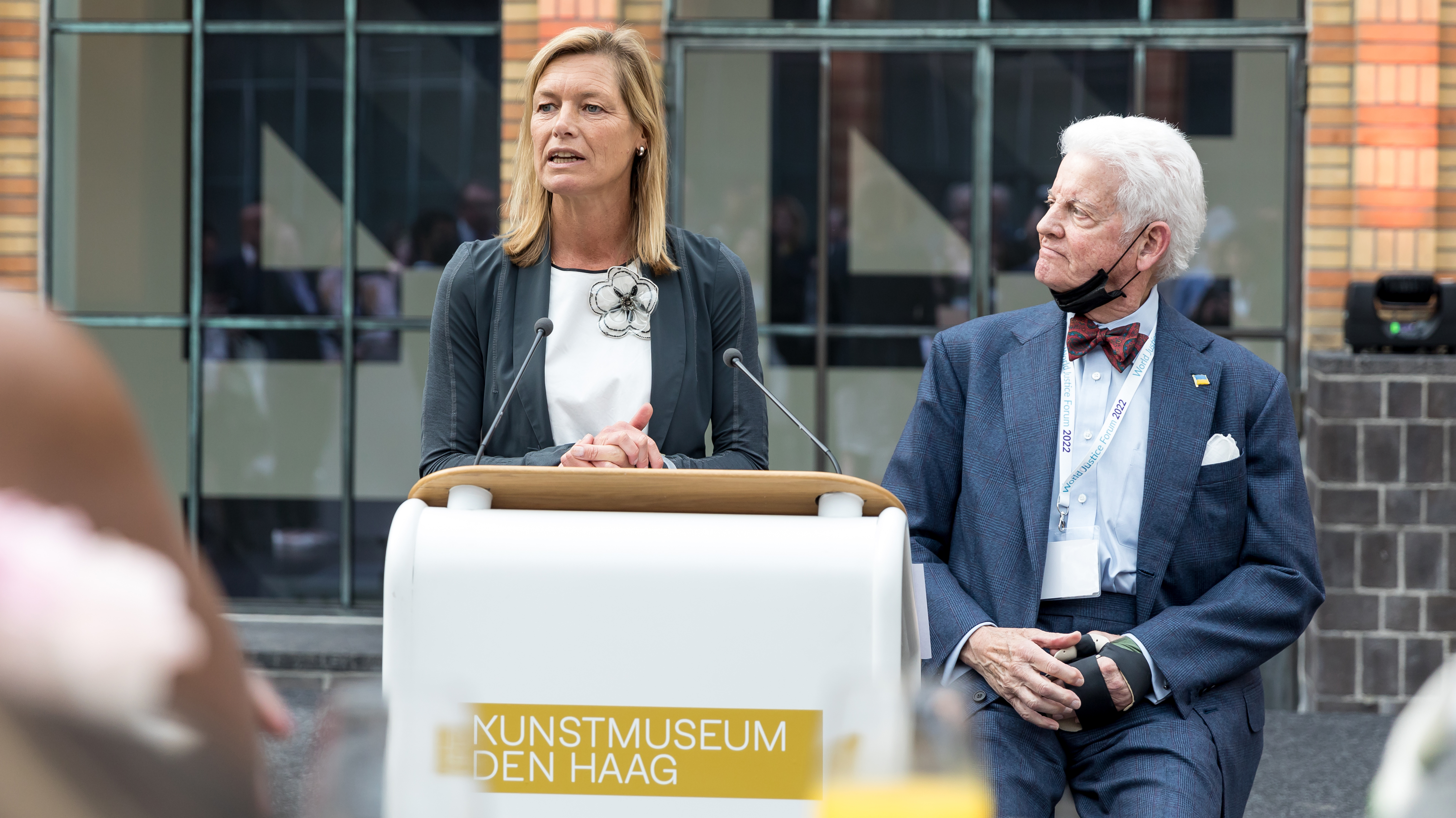 Marriët Schuurman, Director of Stability and Humanitarian Aid at the Dutch Ministry of Foreign Affairs, speaking at the welcome reception with World Justice Project Co-Founder and CEO Bill Neukom.