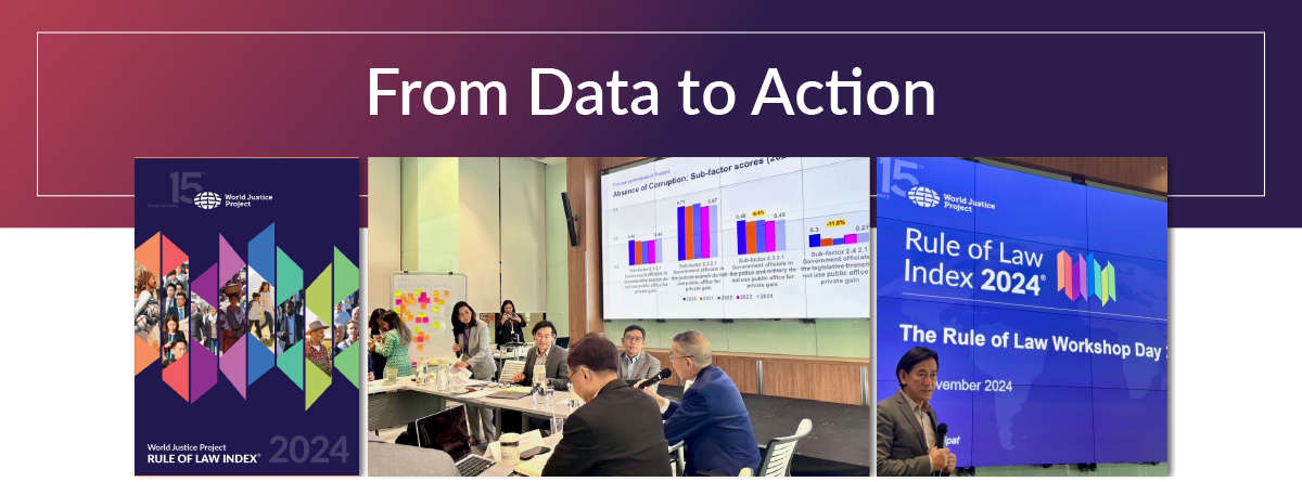 Graphic with the title 'From Data to Action' featuring a gradient purple background. The image includes three sections: (1) a cover of the 'World Justice Project Rule of Law Index 2024' report, displaying colorful geometric patterns and diverse people, (2) a photo of a workshop with participants seated around tables discussing and viewing a presentation on rule of law data displayed on a large screen, and (3) an image of another workshop titled 'Rule of Law Index 2024: The Rule of Law Workshop Day' with a speaker addressing the audience in front of a large presentation screen.