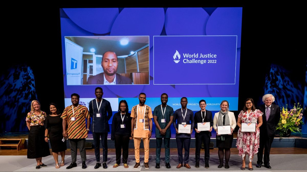 The winners of the 2022 World Justice Challenge on stage together at the 2022 World Justice Forum