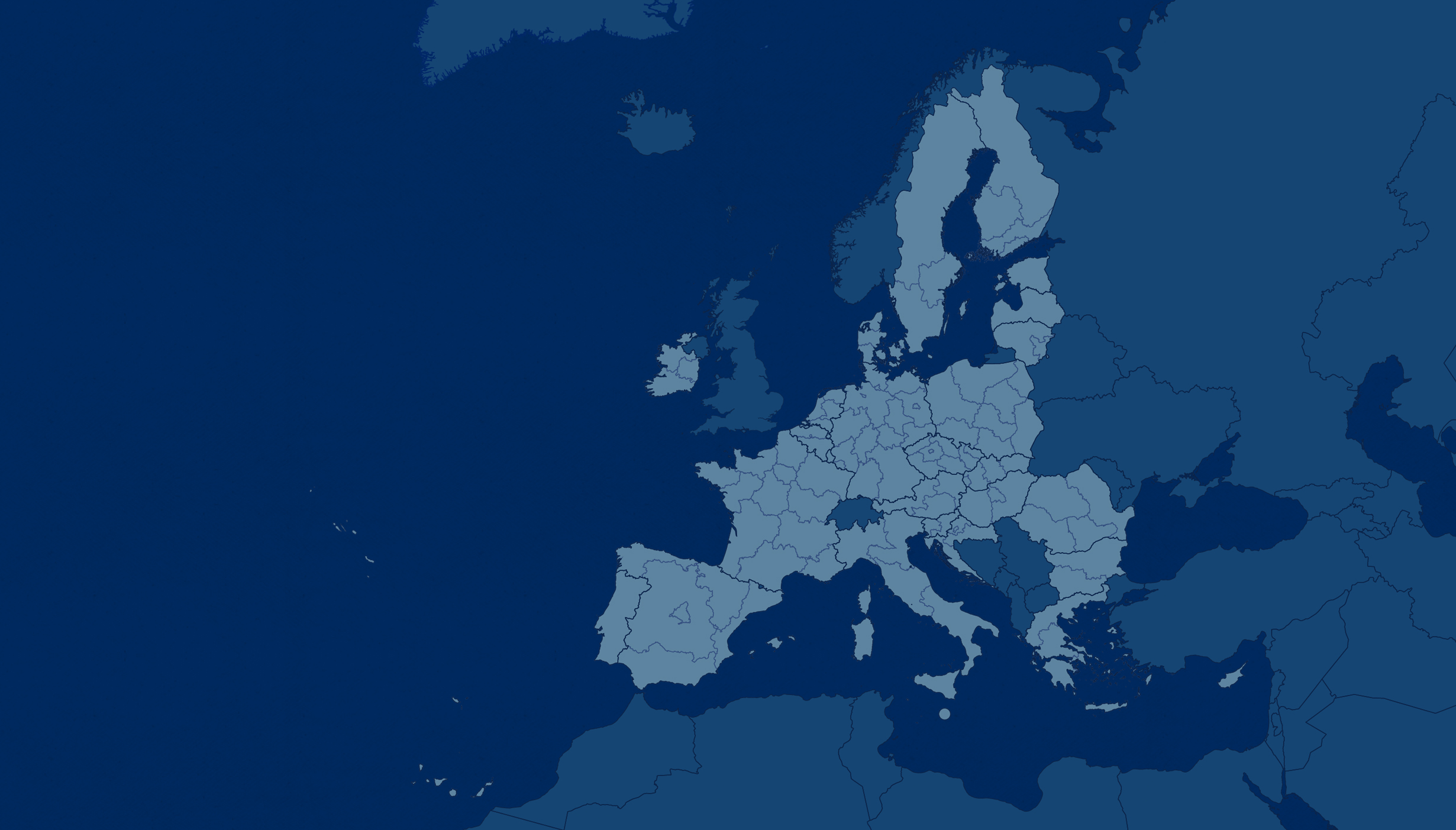 A digital map of Europe with countries and their internal regions outlined in light blue against a dark blue background. The map covers the entire European continent, extending slightly into parts of neighboring regions, including North Africa, the Middle East, and western Russia. The surrounding ocean and seas are also depicted in a deep blue color. No labels, names, or additional details are present.