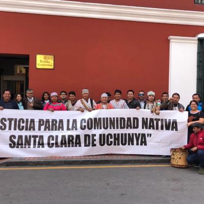 Protest outside Peru's Constitutional Tribunal in Lima on day of court hearing for Santa Clara de Uchunya's territorial claim, September 2019. Credit FECONAU.
