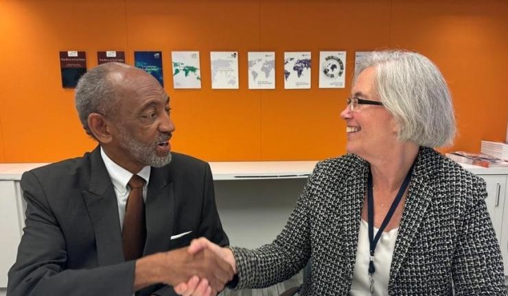 Man and woman shaking hands after signing a document