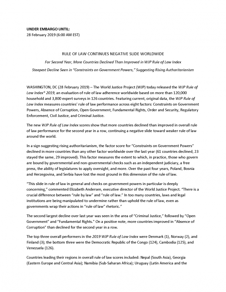 WJP Rule of Law Index 2019: Global Press Release
