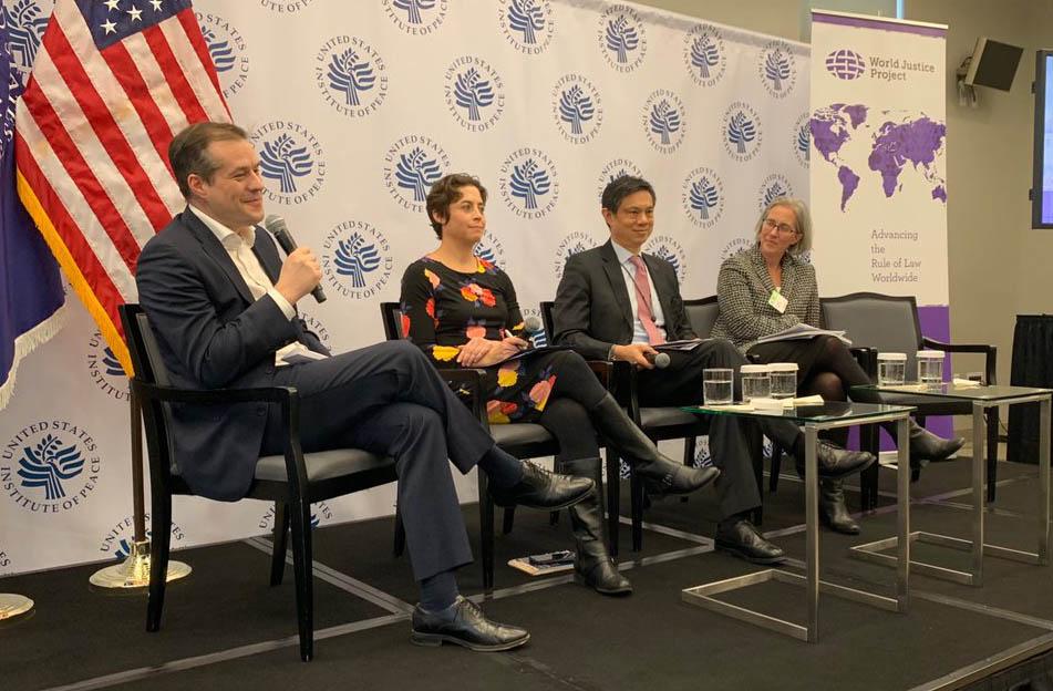 Speakers (from left) Philippe Leroux-Martin, Maria Stephan, Hoyt Yee, and Elizabeth Andersen discuss insights and implications of the WJP Rule of Law Index 2019—Thursday, February 28, 2019.